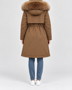 Women's Longline Hooded Parka with Faux Fur Trim and Plush Lining in Coffee – Back View