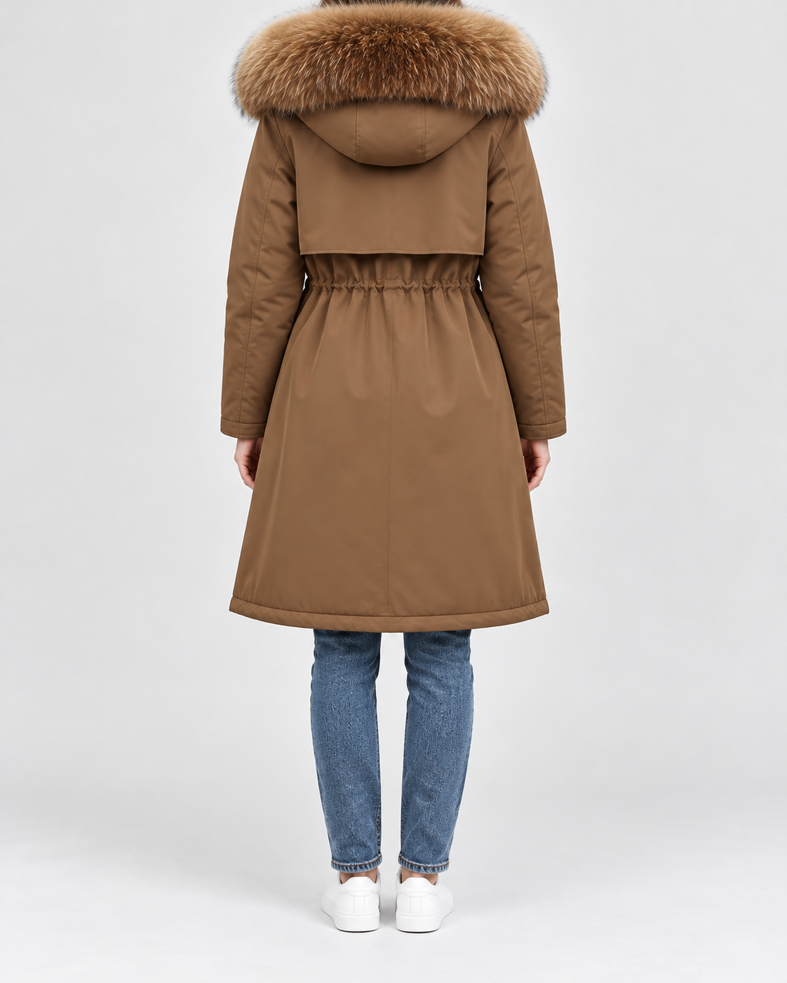 Women's Longline Hooded Parka with Faux Fur Trim and Plush Lining in Coffee – Back View