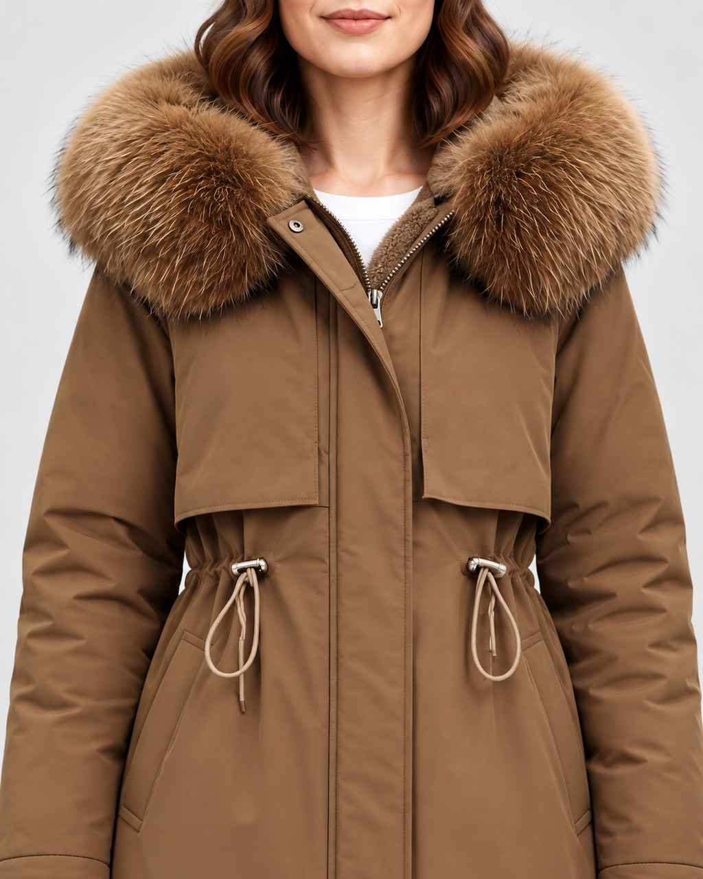 Women's Longline Hooded Parka with Faux Fur Trim and Plush Lining in Coffee – Detail