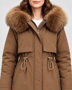 Women's Longline Hooded Parka with Faux Fur Trim and Plush Lining in Coffee – Detail