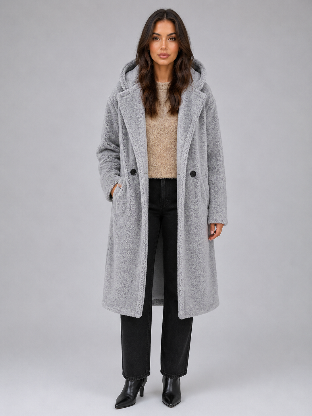 Women's Longline Hooded Teddy Coat with Button Front and Patch Pockets in Grey – Front View