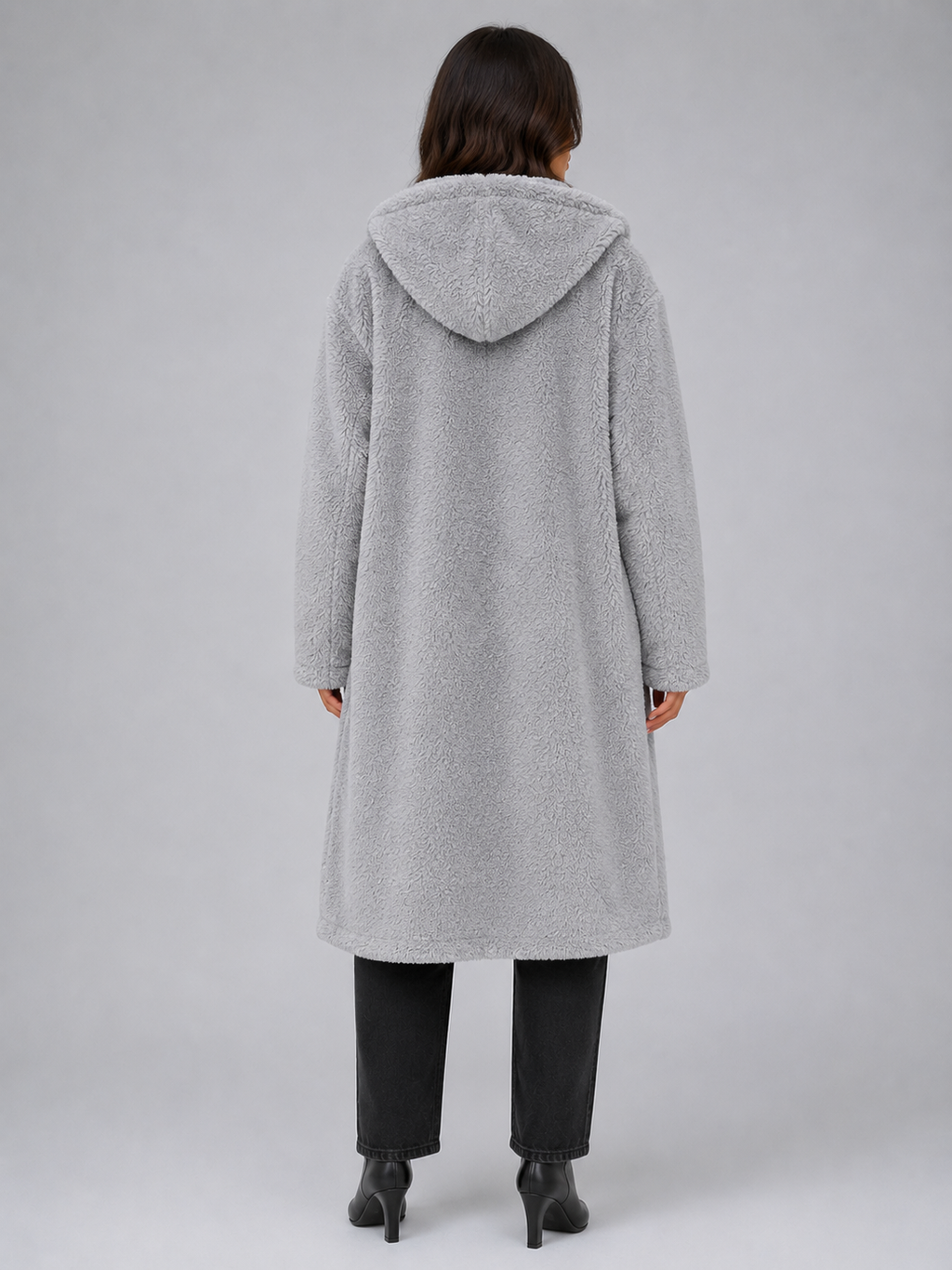 Women's Longline Hooded Teddy Coat with Button Front and Patch Pockets in Grey – Back View