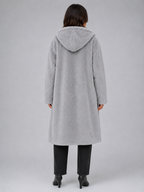 Women's Longline Hooded Teddy Coat with Button Front and Patch Pockets in Grey – Back View
