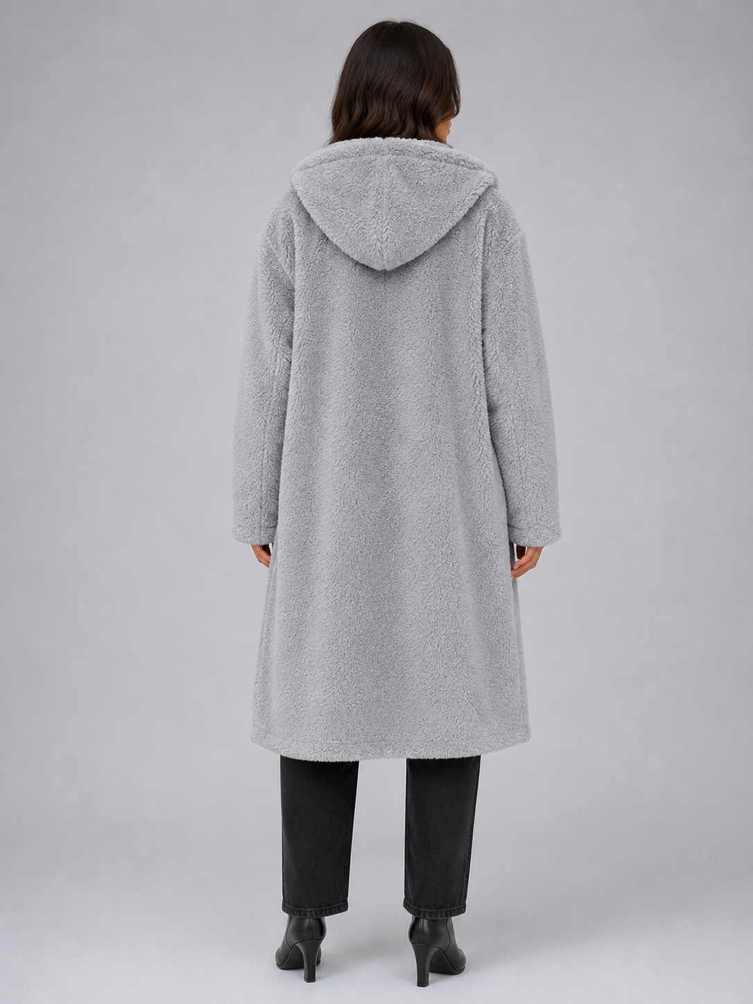 Women's Longline Hooded Teddy Coat with Button Front and Patch Pockets in Grey – Back View
