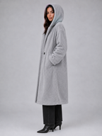 Women's Longline Hooded Teddy Coat with Button Front and Patch Pockets in Grey – Side View