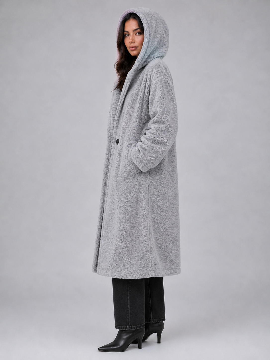 Women's Longline Hooded Teddy Coat with Button Front and Patch Pockets in Grey – Side View