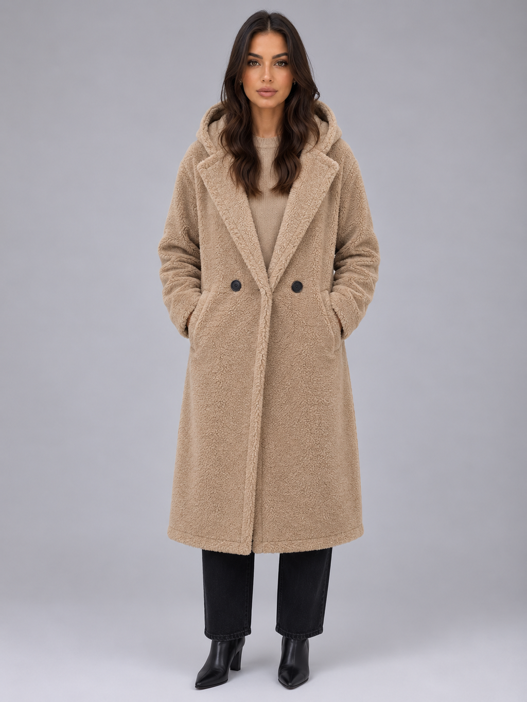 Women's Longline Hooded Teddy Coat with Button Front and Patch Pockets in Beige – Front View