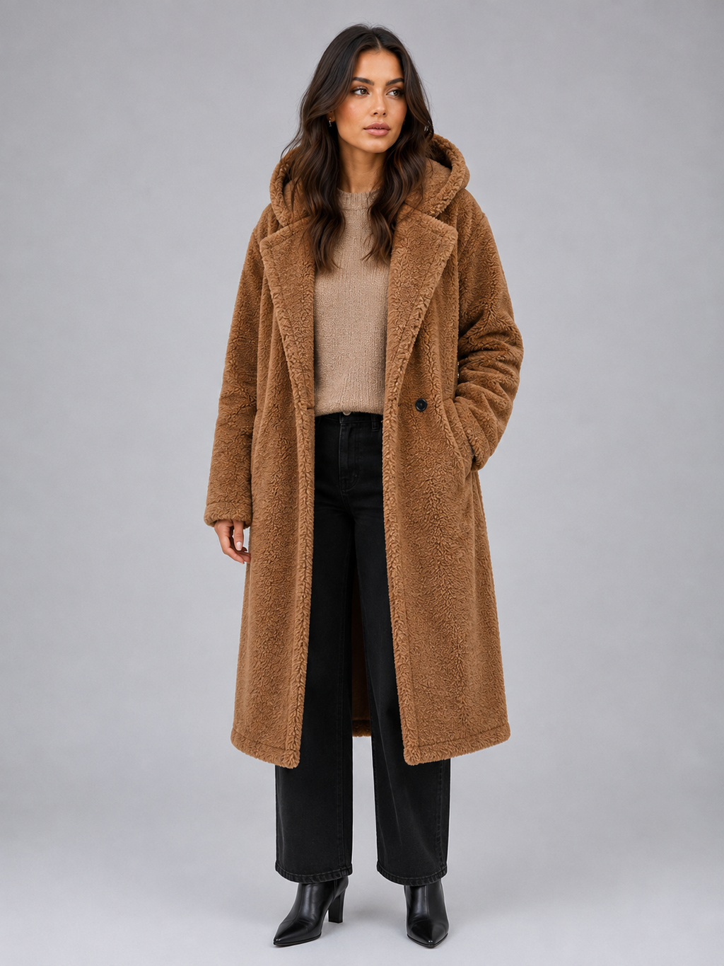 Women's Longline Hooded Teddy Coat with Button Front and Patch Pockets in Camel – Front View