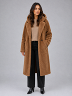 Women's Longline Hooded Teddy Coat with Button Front and Patch Pockets in Camel – Front View