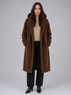 Women's Longline Hooded Teddy Coat with Button Front and Patch Pockets in Dark Brown – Front View