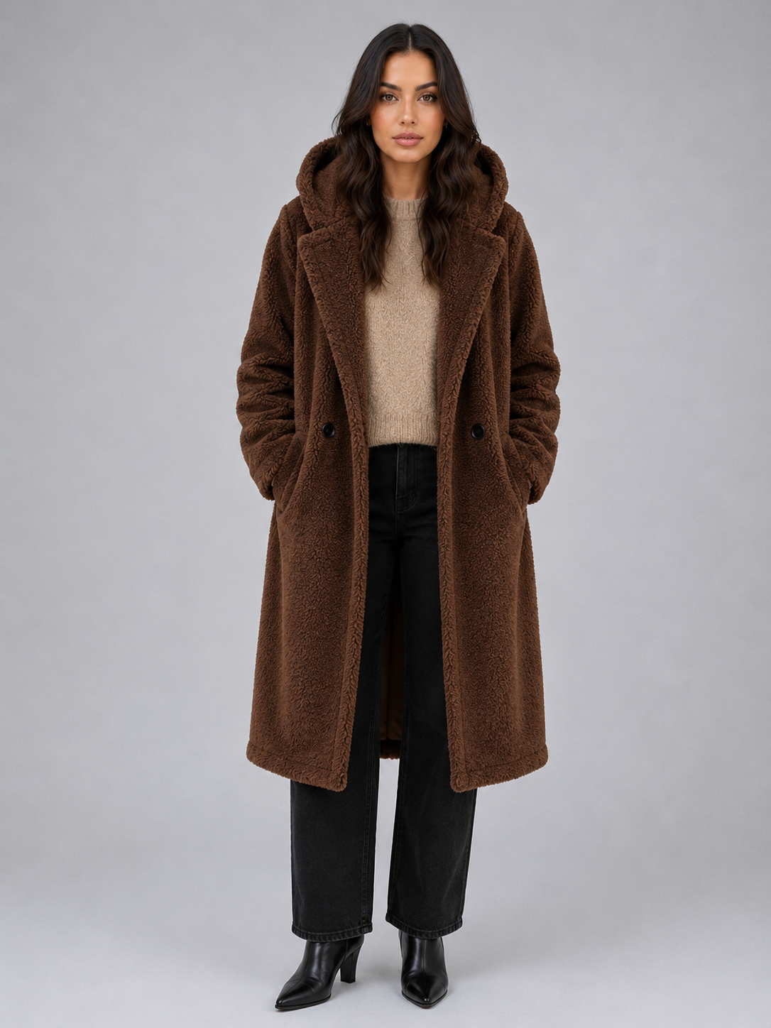 Women's Longline Hooded Teddy Coat with Button Front and Patch Pockets in Dark Brown – Front View