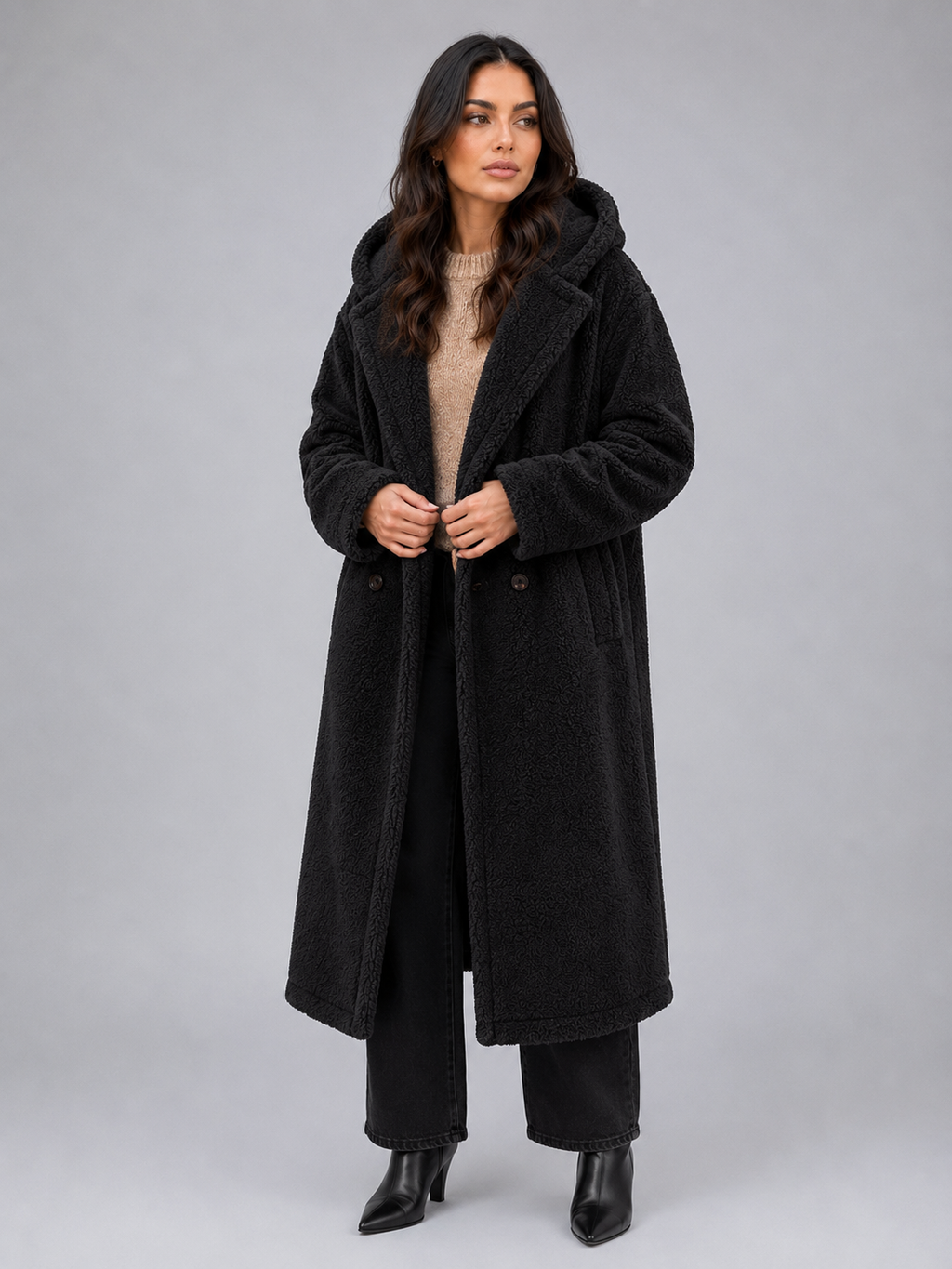 Women's Longline Hooded Teddy Coat with Button Front and Patch Pockets in Black – Front View
