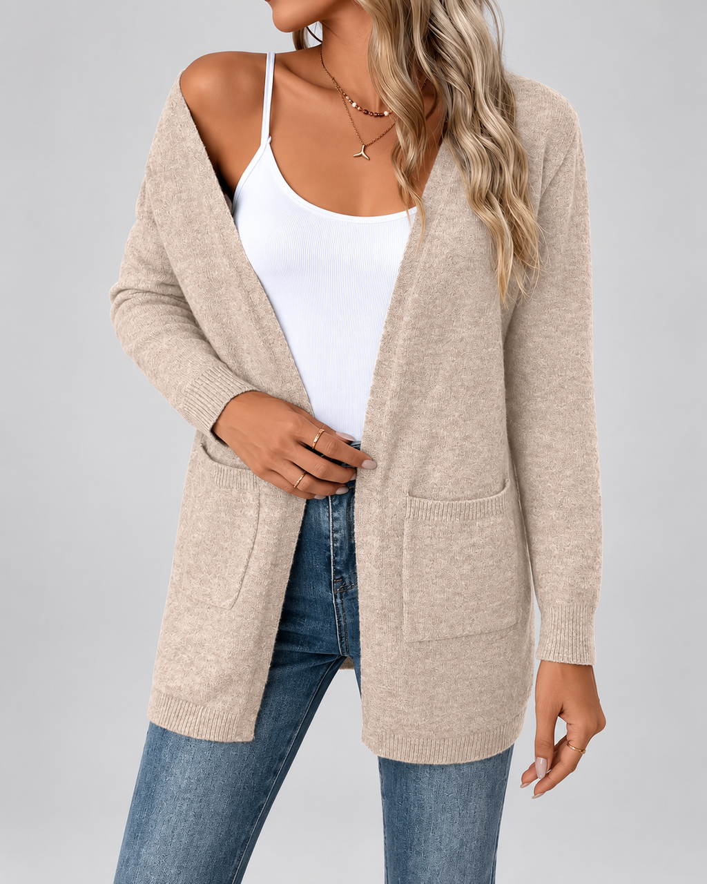 Women's Longline Open Front Cardigan with Patch Pockets