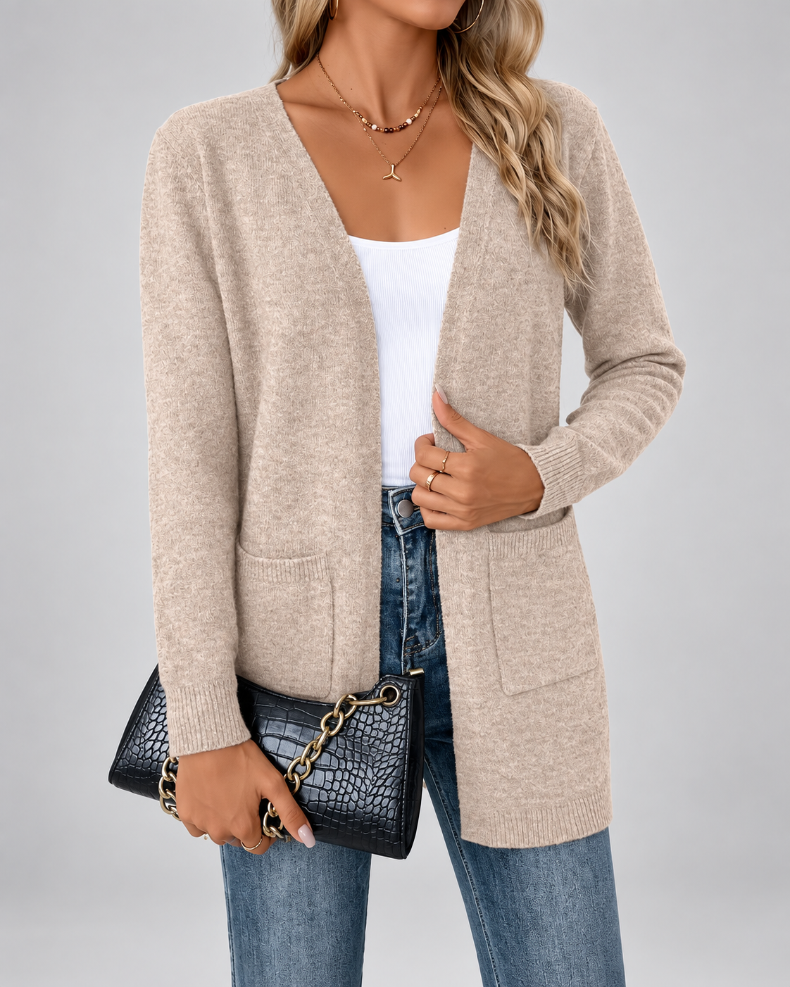 Women's Longline Open Front Cardigan with Patch Pockets