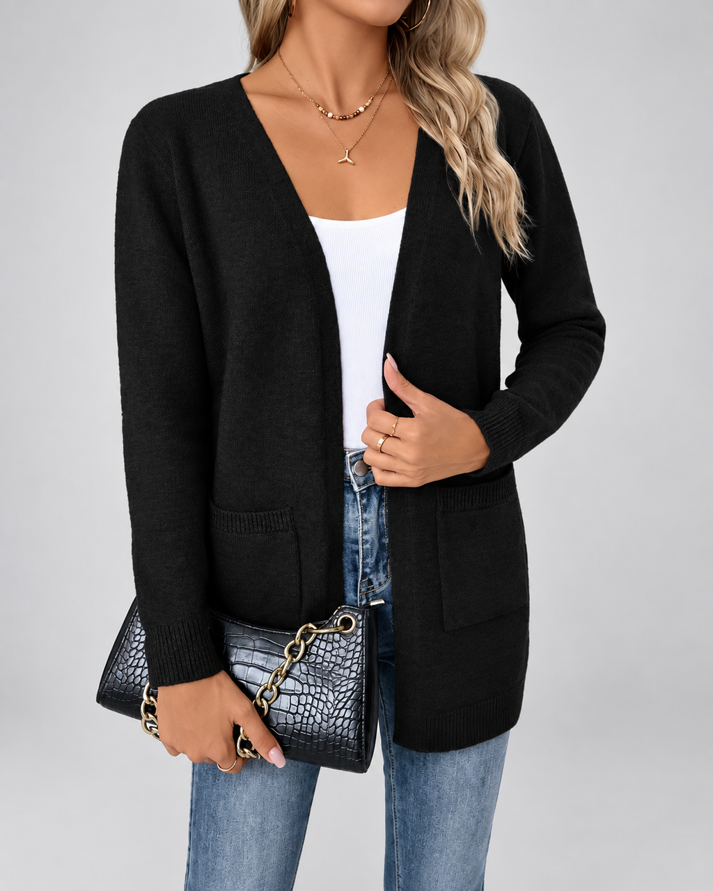 Women's Longline Open Front Cardigan with Patch Pockets