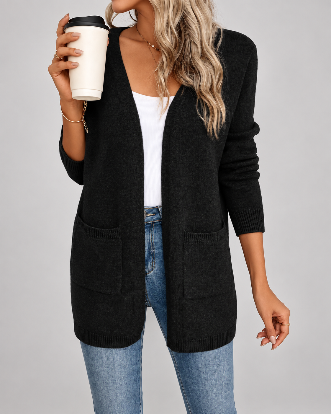 Women's Longline Open Front Cardigan with Patch Pockets