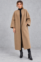 Women's Longline Open Front Wool Blend Coat with Drop Shoulders in Camel – Front View