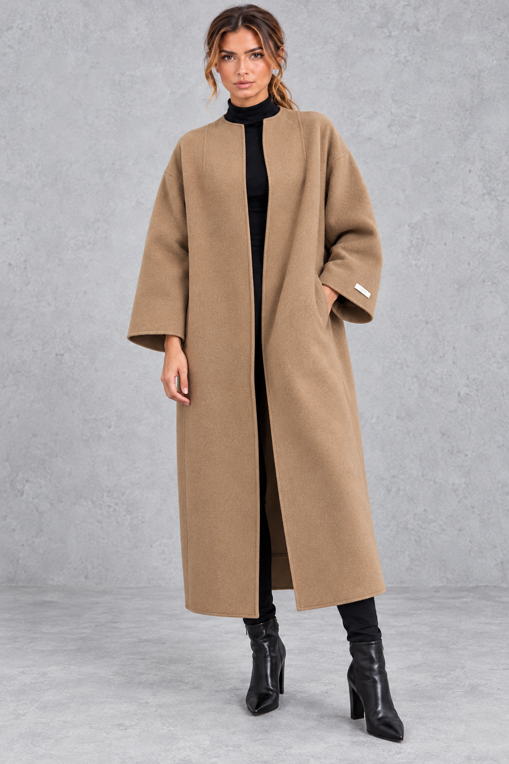 Women's Longline Open Front Wool Blend Coat with Drop Shoulders in Camel – Front View