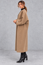 Women's Longline Open Front Wool Blend Coat with Drop Shoulders in Camel – Side View
