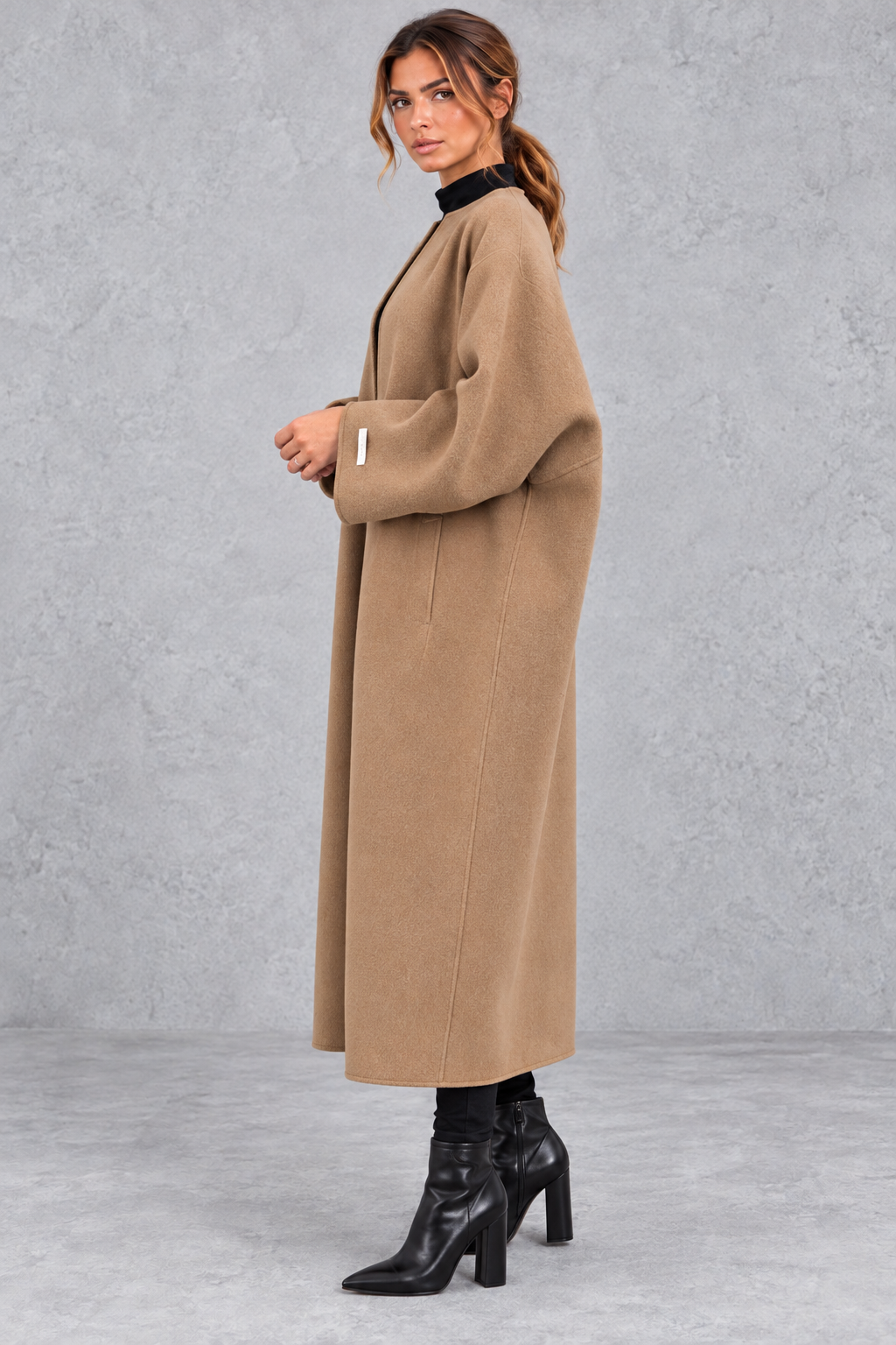 Women's Longline Open Front Wool Blend Coat with Drop Shoulders in Camel – Side View
