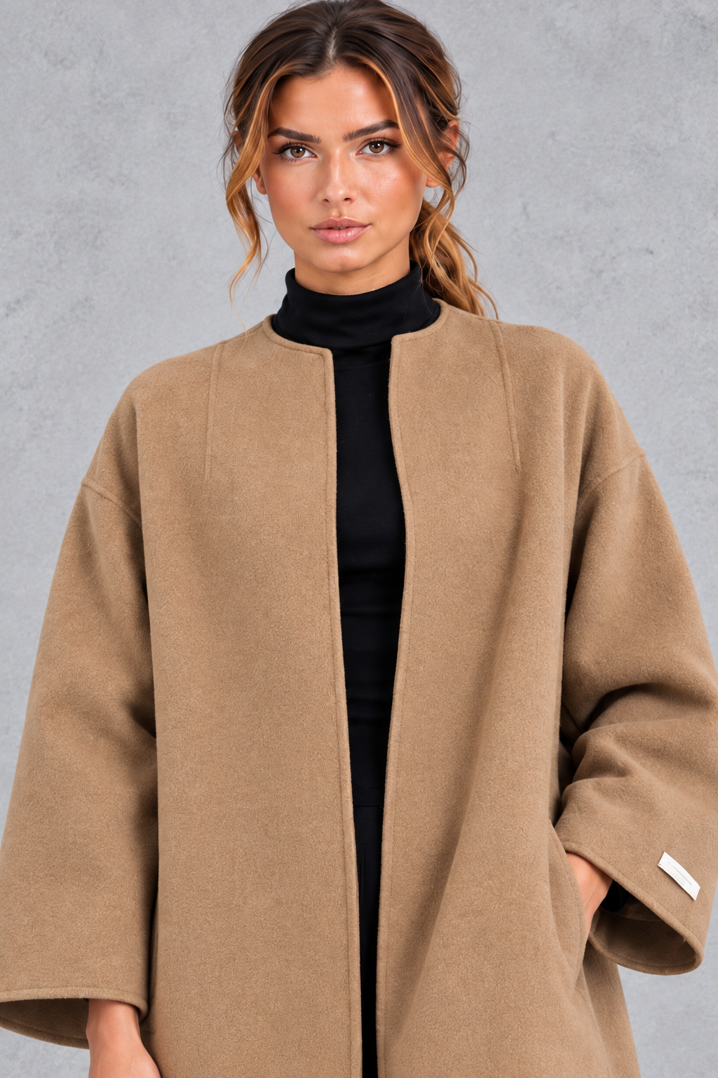 Women's Longline Open Front Wool Blend Coat with Drop Shoulders in Camel – Detail View