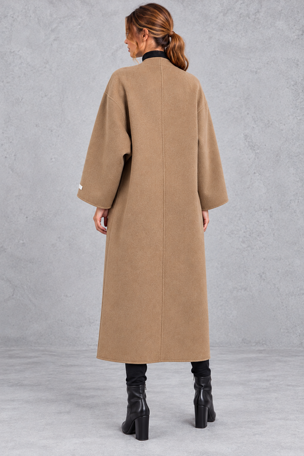 Women's Longline Open Front Wool Blend Coat with Drop Shoulders in Camel – Back View