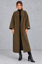 Women's Longline Open Front Wool Blend Coat with Drop Shoulders in Army Green – Front View