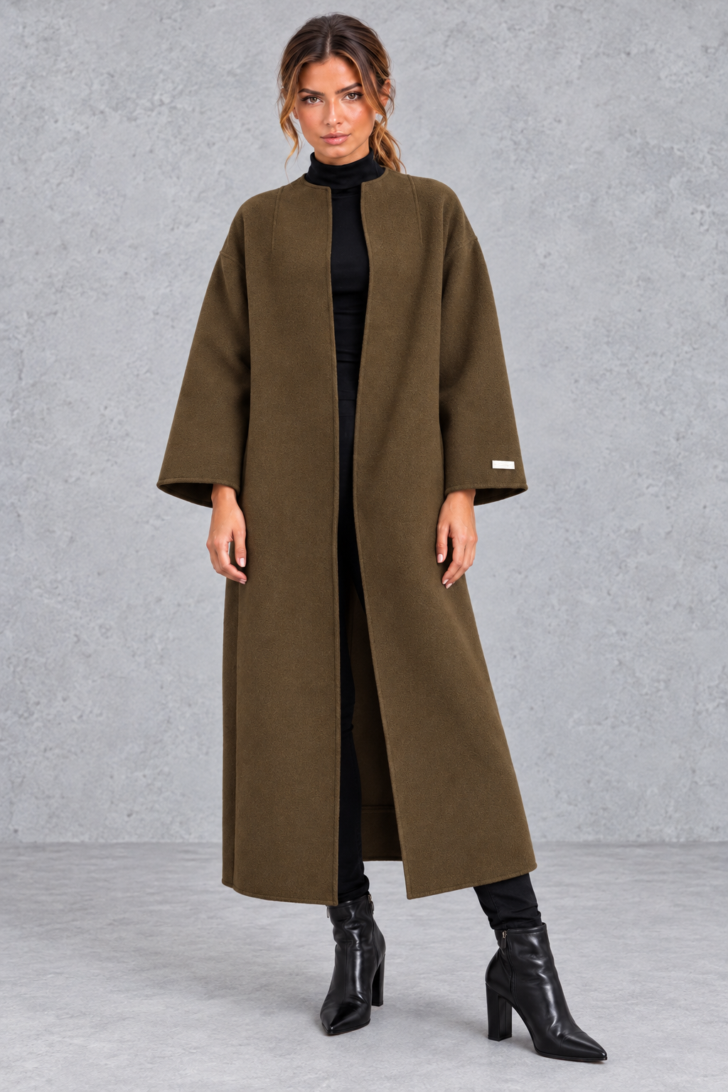 Women's Longline Open Front Wool Blend Coat with Drop Shoulders in Army Green – Front View