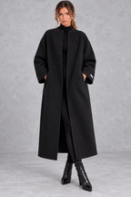 Women's Longline Open Front Wool Blend Coat with Drop Shoulders in Black – Front View