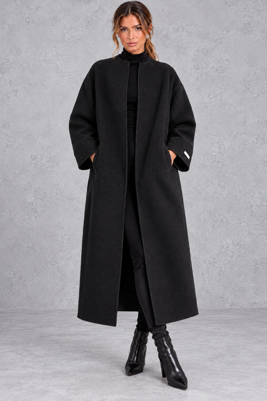 Women's Longline Open Front Wool Blend Coat with Drop Shoulders in Black – Front View