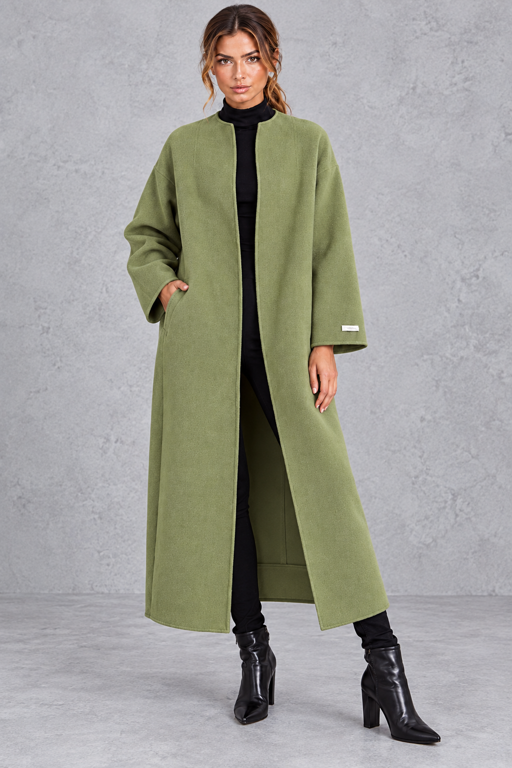 Women's Longline Open Front Wool Blend Coat with Drop Shoulders in Sage – Front View