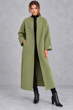 Women's Longline Open Front Wool Blend Coat with Drop Shoulders in Sage – Front View