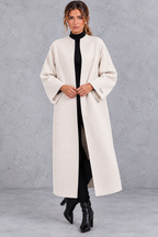 Women's Longline Open Front Wool Blend Coat with Drop Shoulders in Off White – Front View