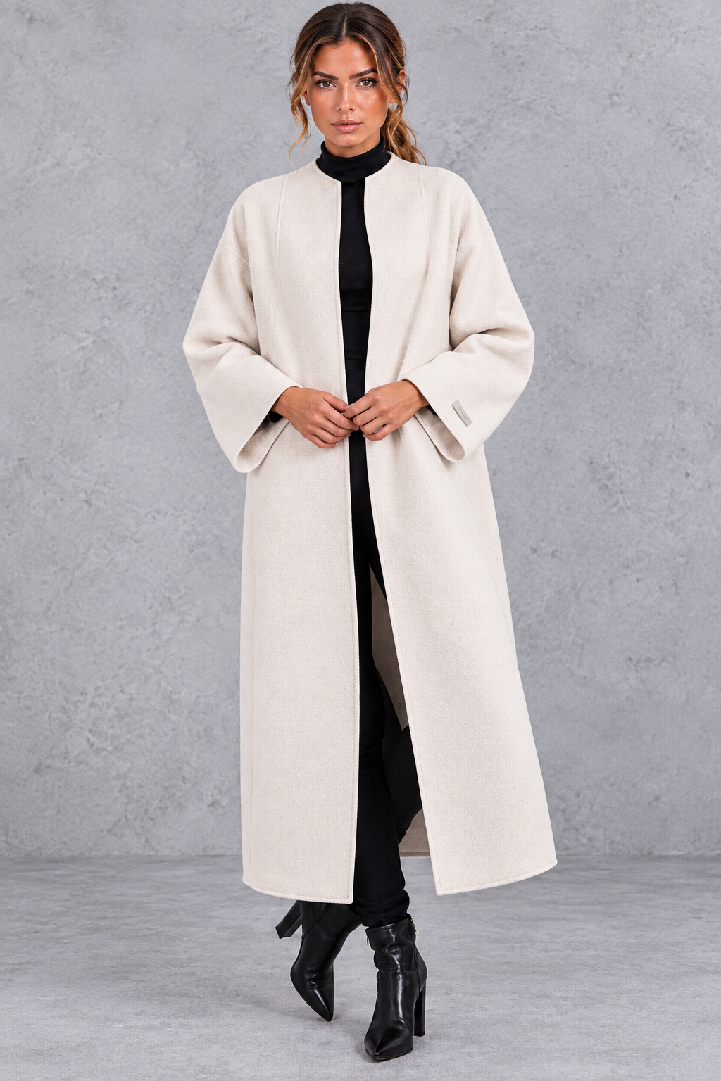 Women's Longline Open Front Wool Blend Coat with Drop Shoulders in Off White – Front View
