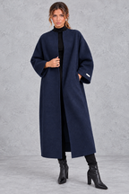 Women's Longline Open Front Wool Blend Coat with Drop Shoulders in Navy – Front View