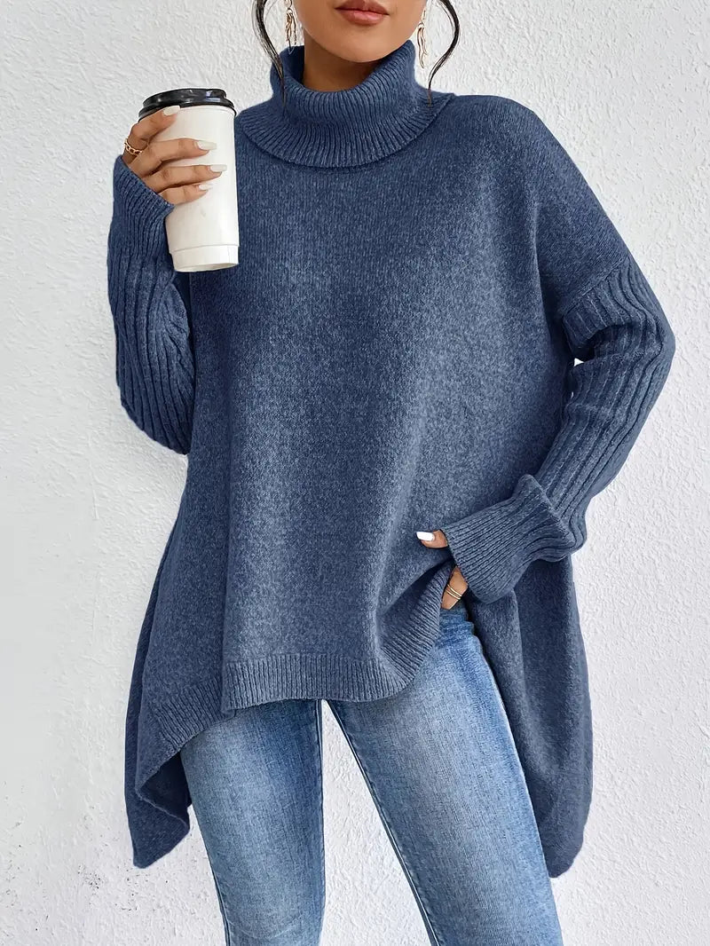 Women's Longline Oversized Ribbed Turtleneck Knit Jumper with High Collar 1