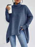 Women's Longline Oversized Ribbed Turtleneck Knit Jumper with High Collar 1