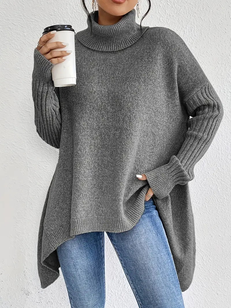Women's Longline Oversized Ribbed Turtleneck Knit Jumper with High Collar 2