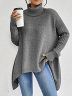 Women's Longline Oversized Ribbed Turtleneck Knit Jumper with High Collar 2