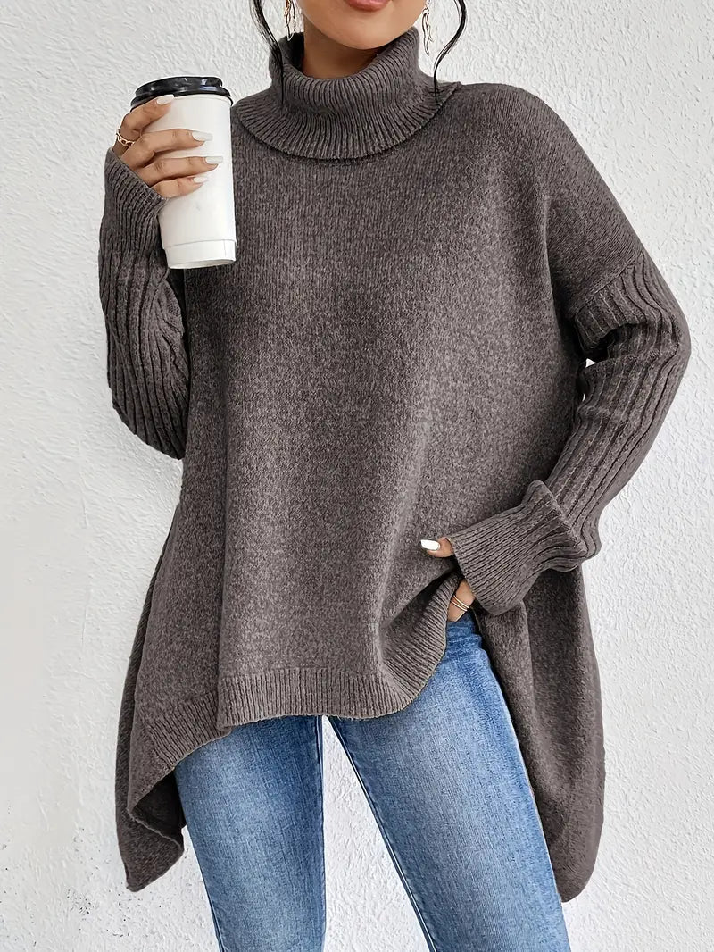 Women's Longline Oversized Ribbed Turtleneck Knit Jumper with High Collar 3