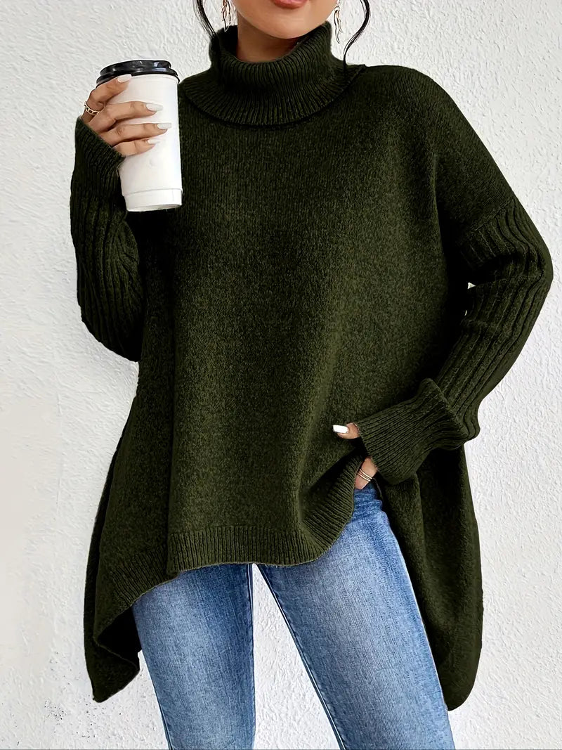 Women's Longline Oversized Ribbed Turtleneck Knit Jumper with High Collar 4