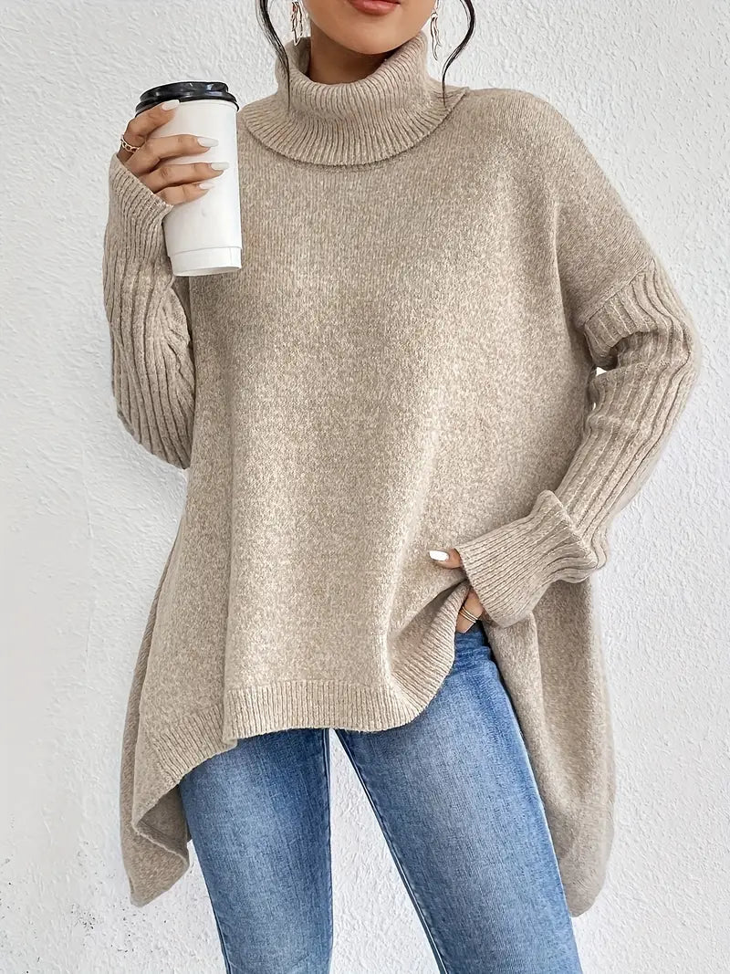 Women's Longline Oversized Ribbed Turtleneck Knit Jumper with High Collar 5