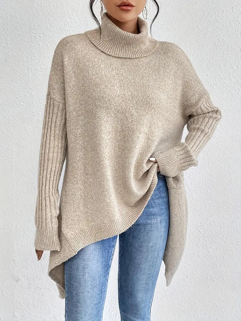 Women's Longline Oversized Ribbed Turtleneck Knit Jumper with High Collar 6