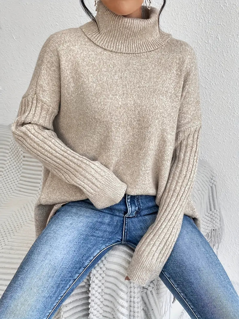 Women's Longline Oversized Ribbed Turtleneck Knit Jumper with High Collar 8