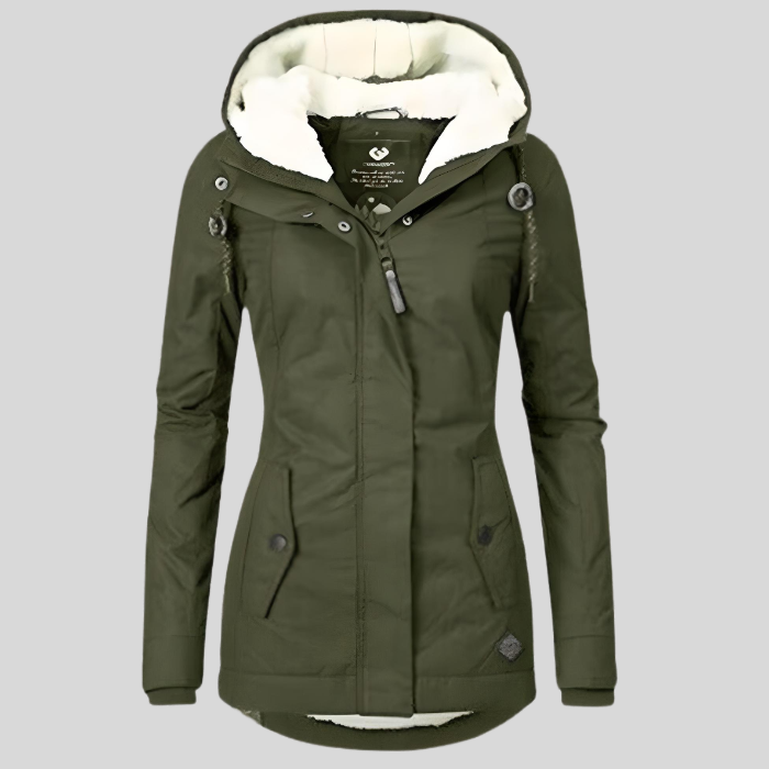 Women's Hooded Coat with Fleece Lining and Zip Front