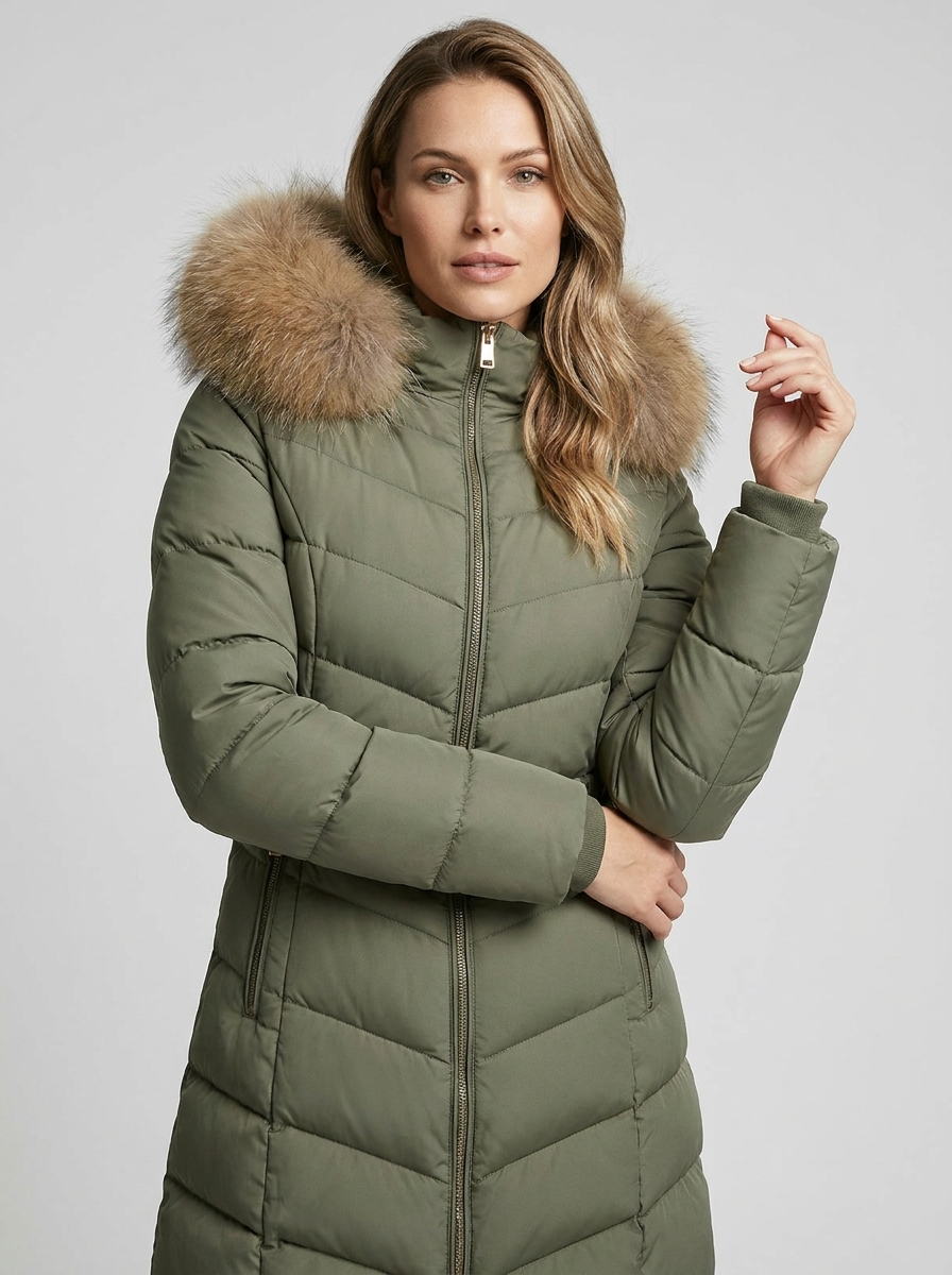 Women's Longline Padded Puffer Coat with Faux Fur Hood