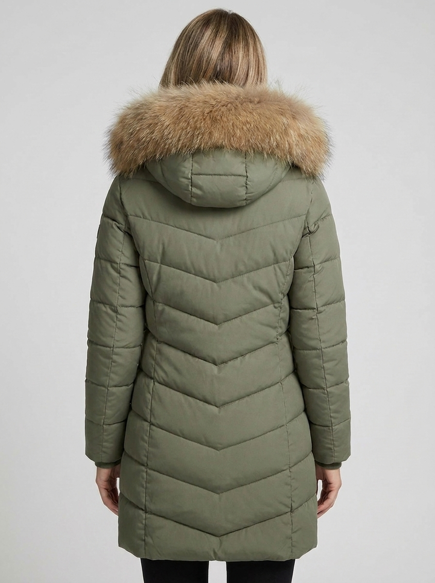 Women's Longline Padded Puffer Coat with Faux Fur Hood