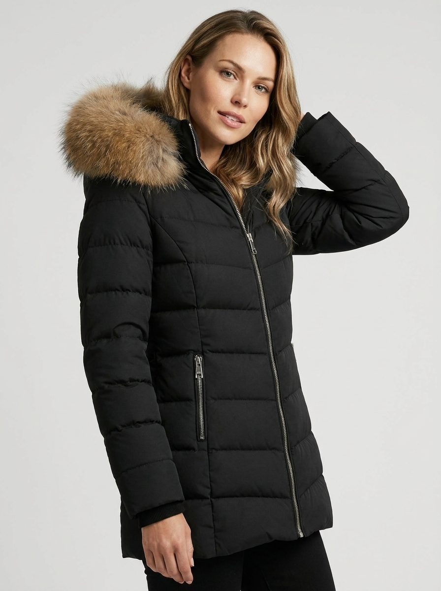 Women's Longline Padded Puffer Coat with Faux Fur Hood