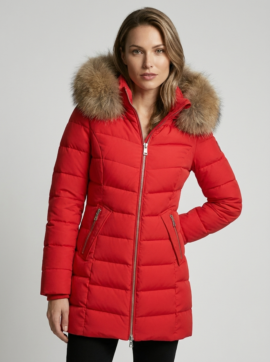 Women's Longline Padded Puffer Coat with Faux Fur Hood