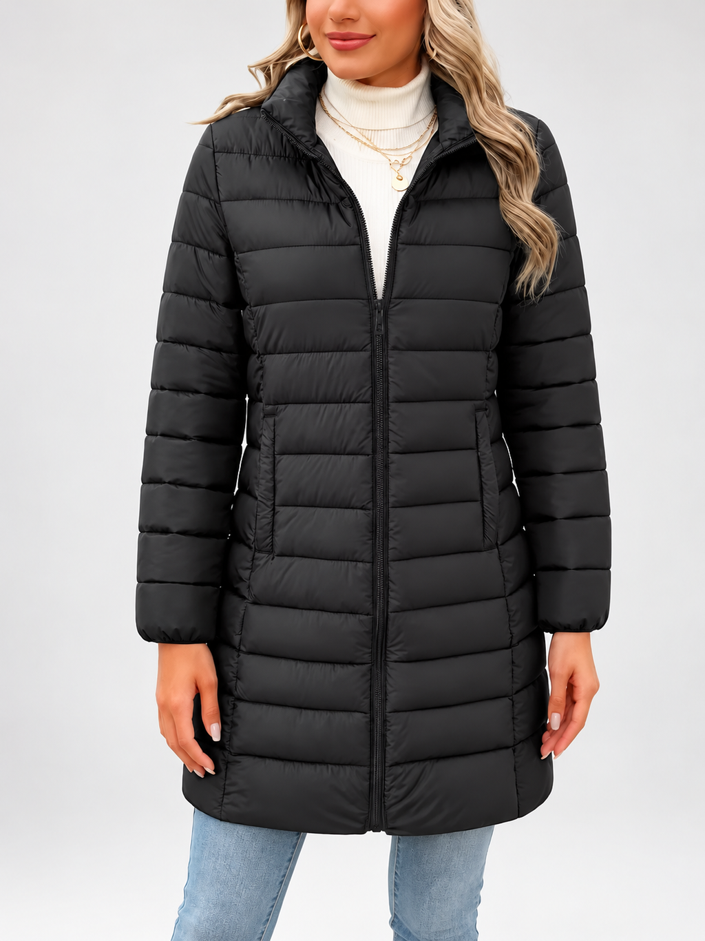 Women's longline puffer coat in black, front view